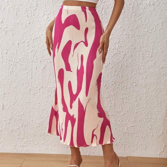 Women’s High Waist Graphic A Line Pleated Lettuce Trim Mermaid Hem Skirt *NEW* - Picture 5 of 6